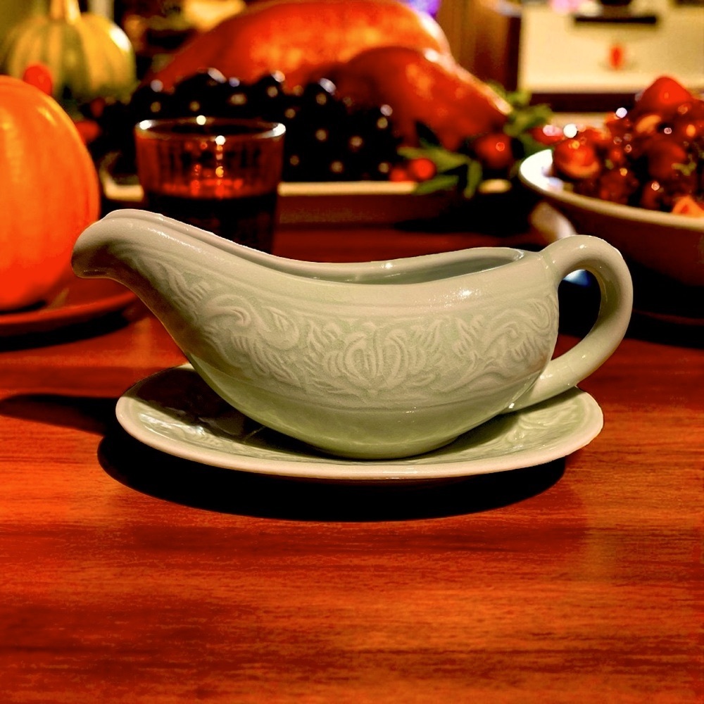 Siam Celadon Sage Green Vintage Gravy Boat w/ Saucer Handmade in Thailand